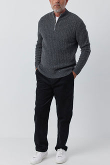  Mens Cashmere Cable 1/4 Zip Sweater - Charcoal Donegal/ Dk Grey Melange