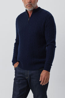  Mens Cashmere Cable 1/4 Zip Sweater - Dark Navy/Dark Navy Donegal