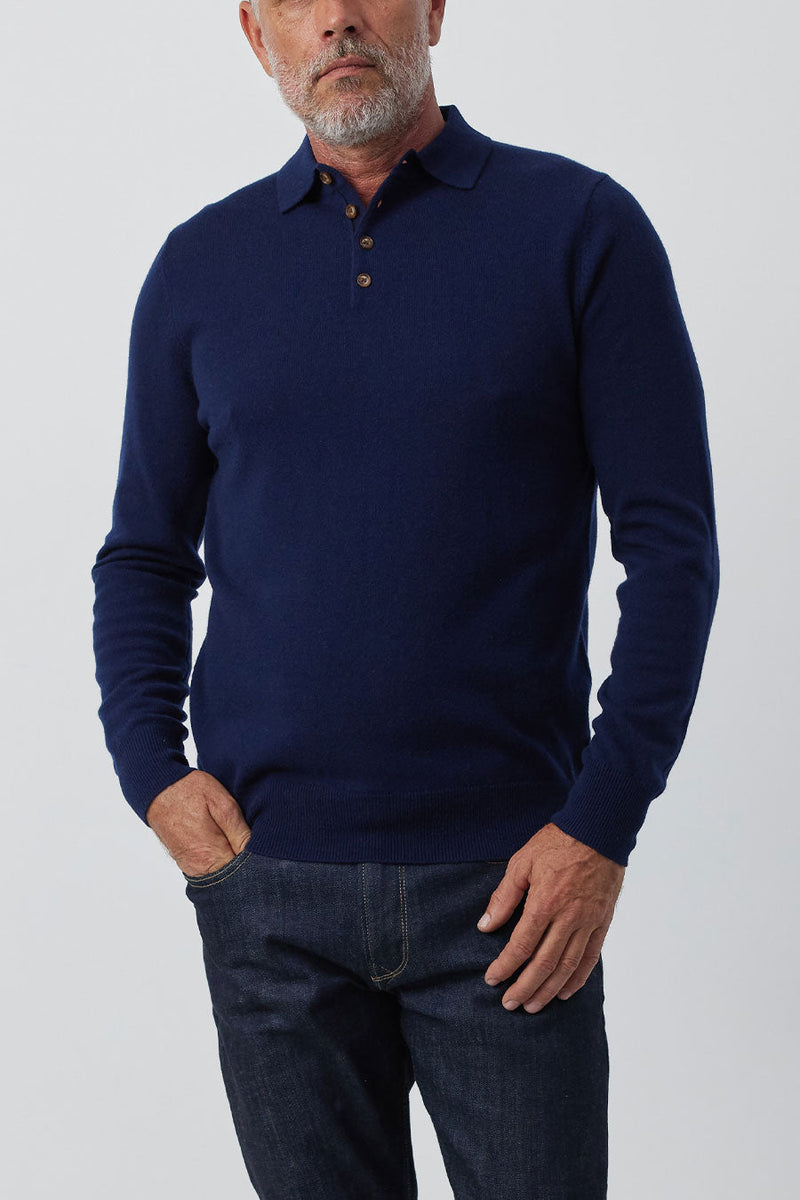 Mens Cashmere Long Sleeve Polo Navy