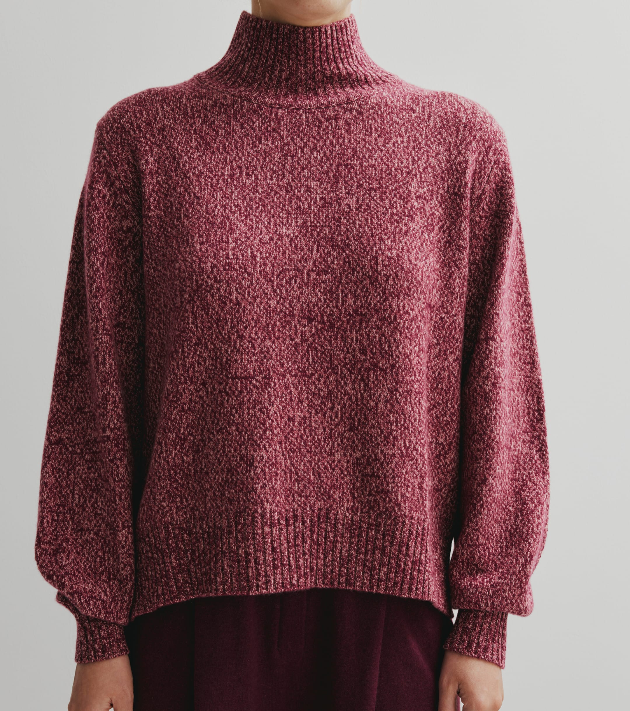 Cashmere Mock Neck with Balloon Sleeve - Burgundy/Pink