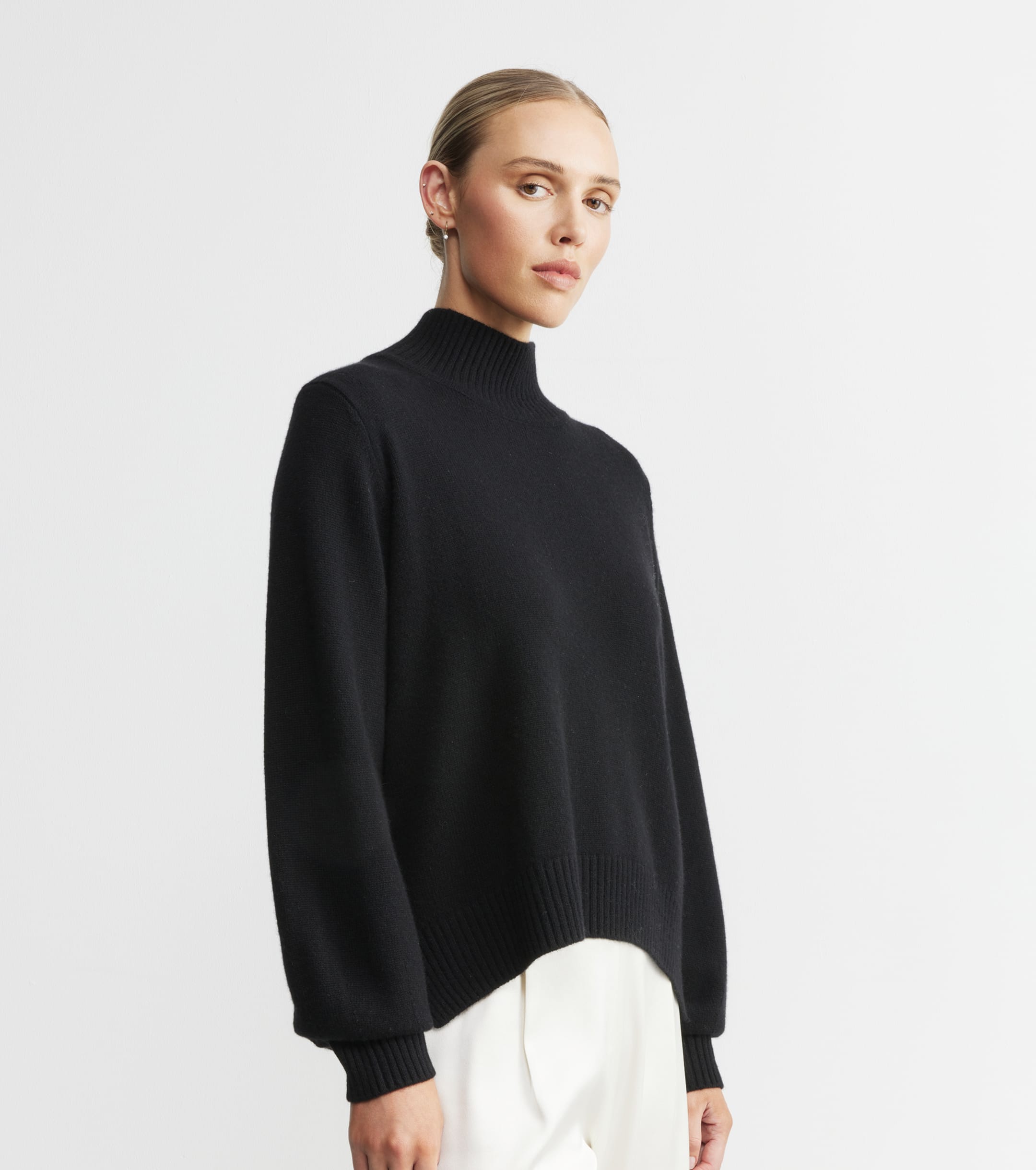 Cashmere Mock Neck with Balloon Sleeve - Black