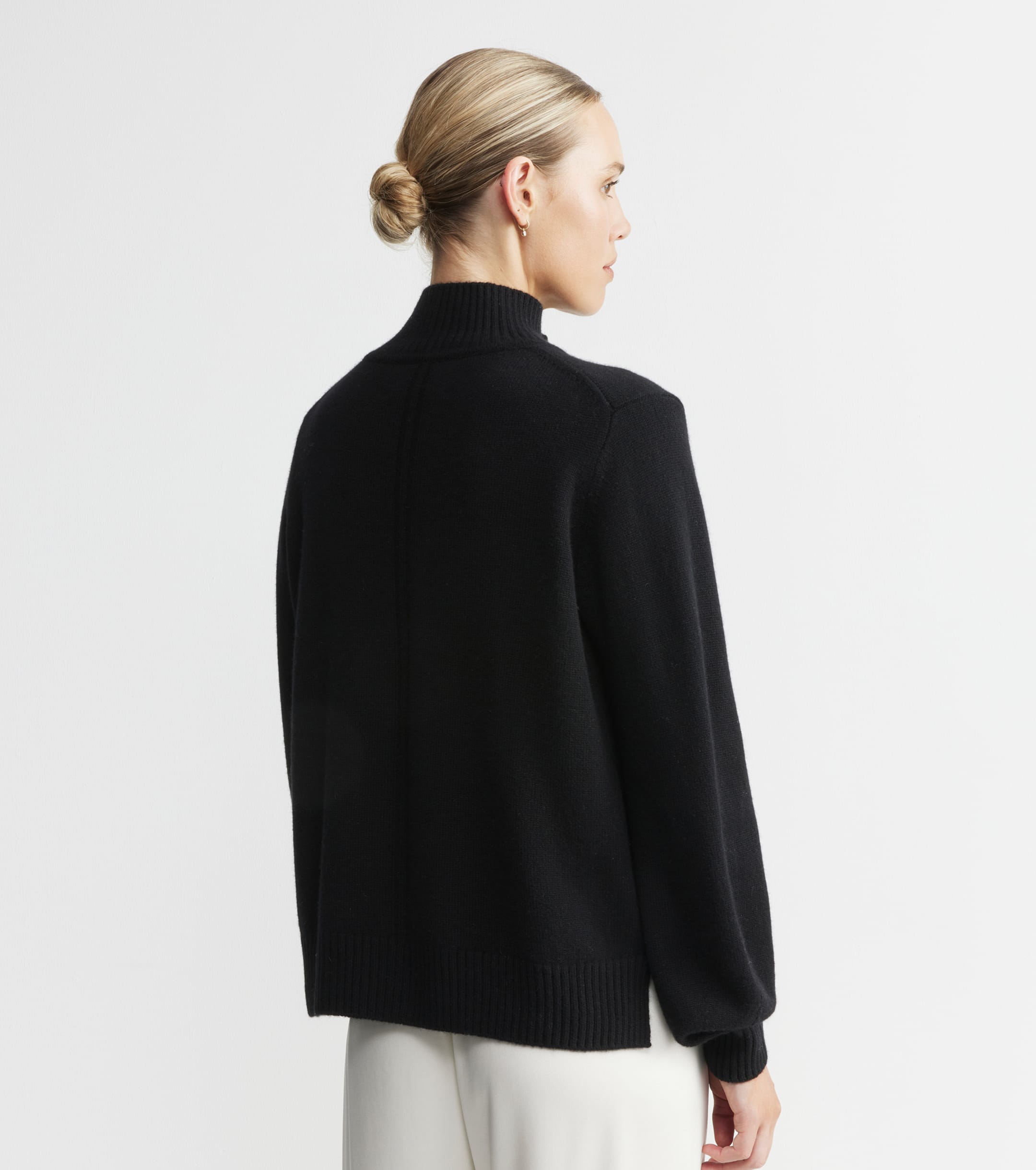 Cashmere Mock Neck with Balloon Sleeve - Black