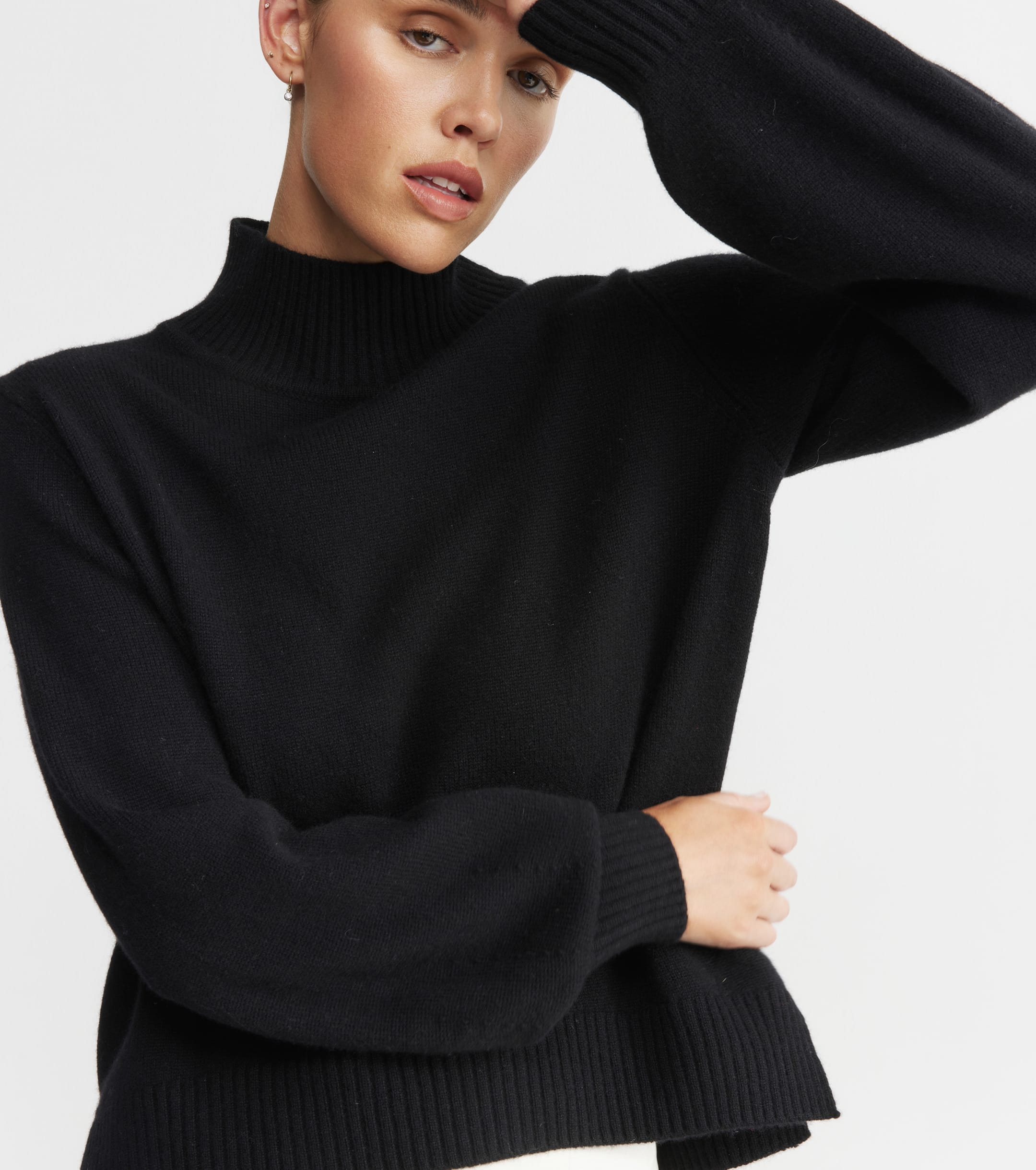 Cashmere Mock Neck with Balloon Sleeve - Black