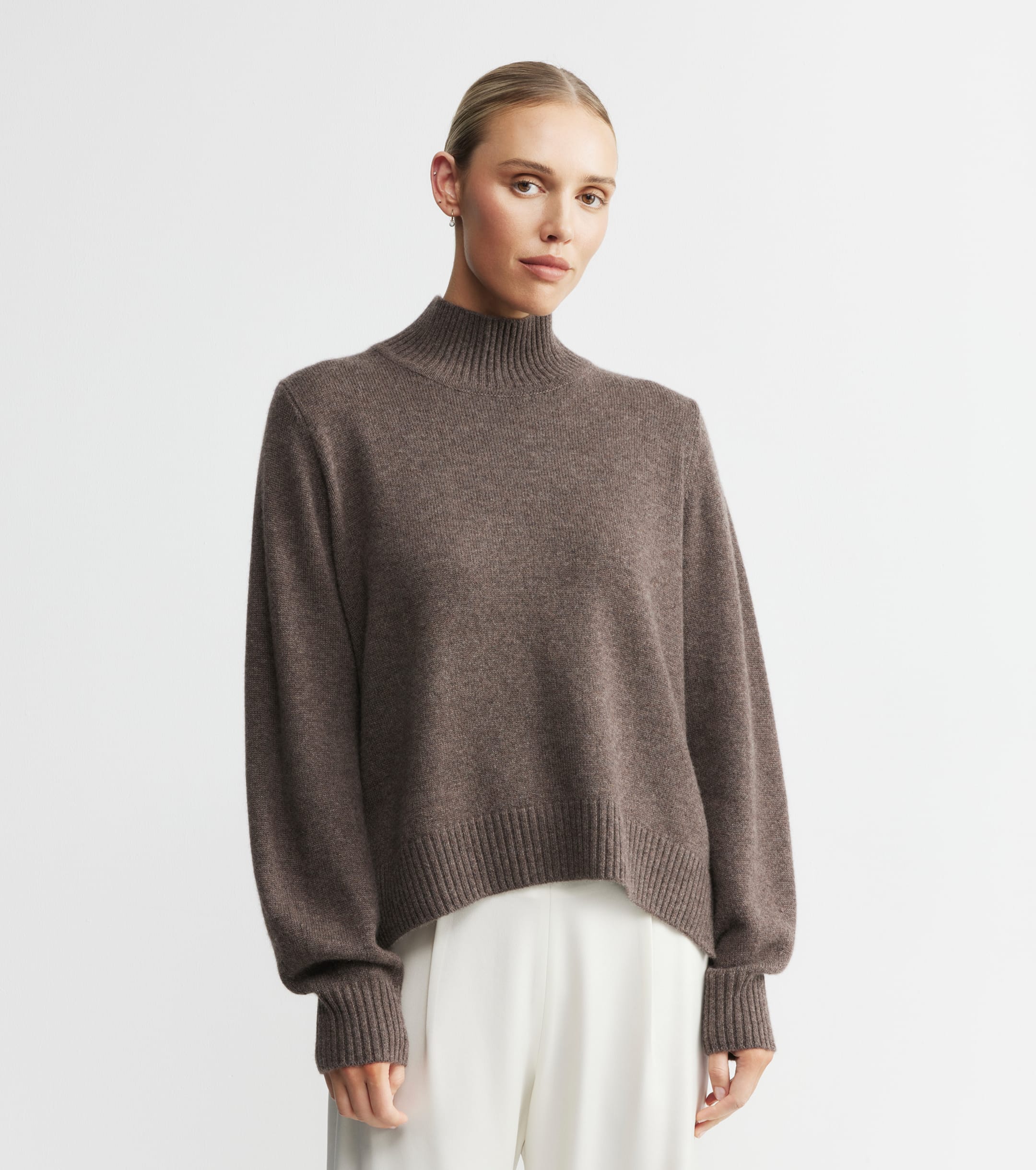 Cashmere Mock Neck with Balloon Sleeve - Brown Melange