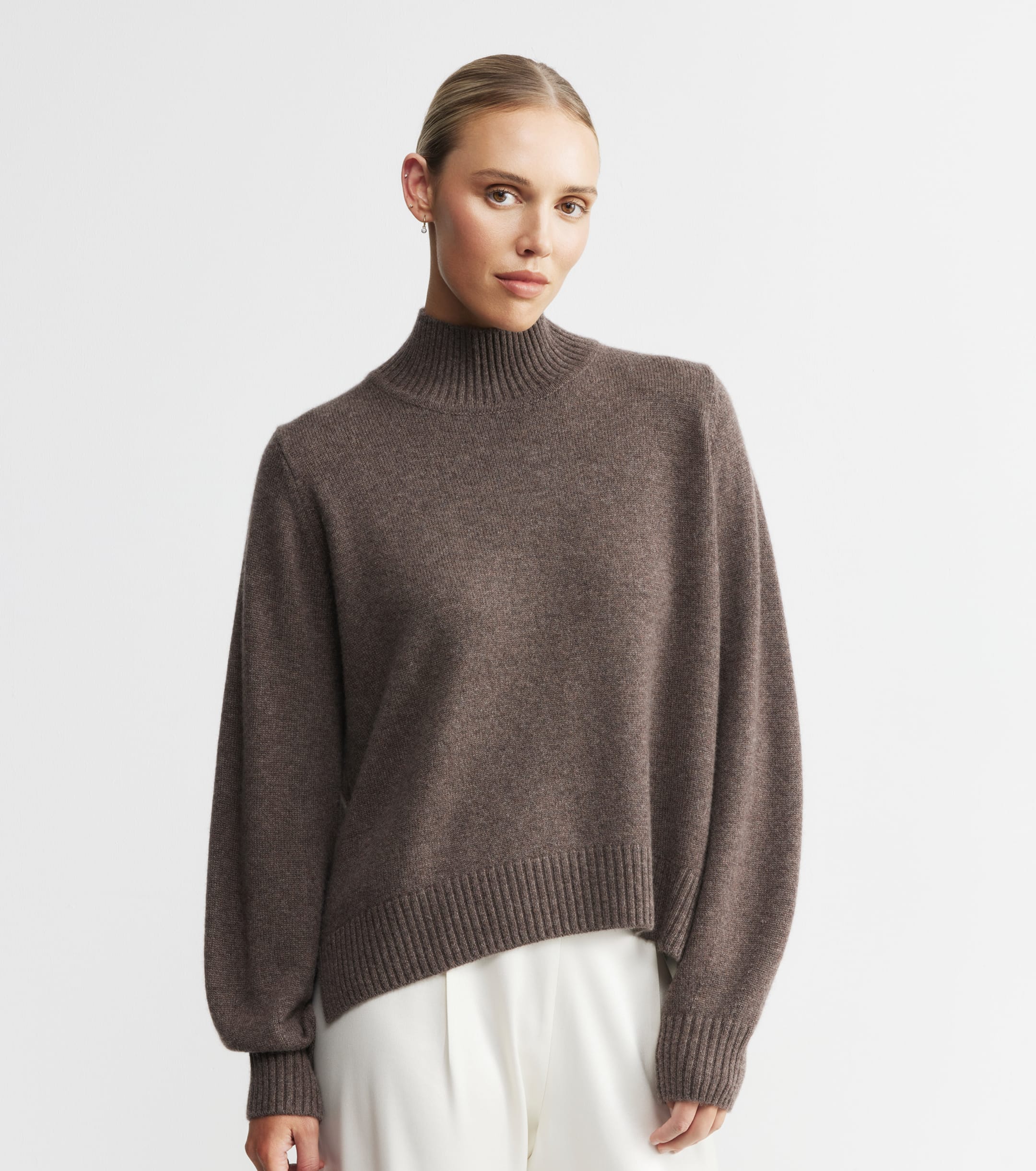 Cashmere Mock Neck with Balloon Sleeve - Brown Melange