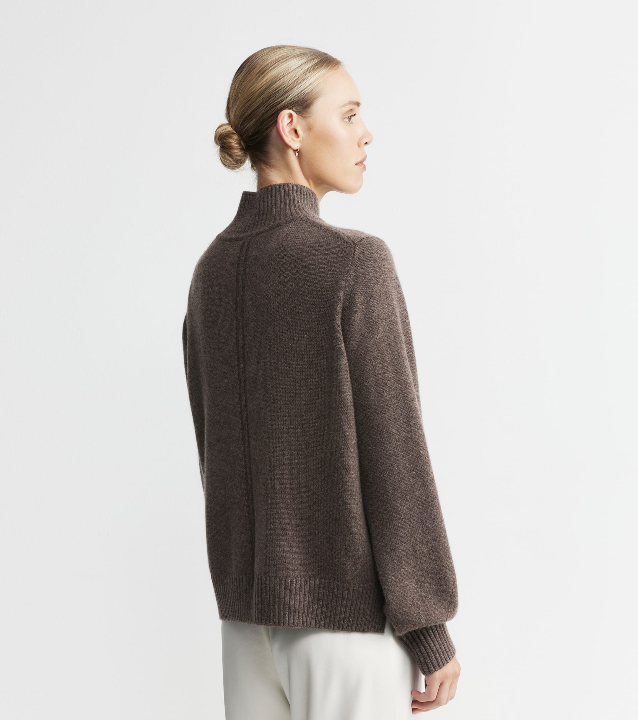 Cashmere Mock Neck with Balloon Sleeve - Brown Melange