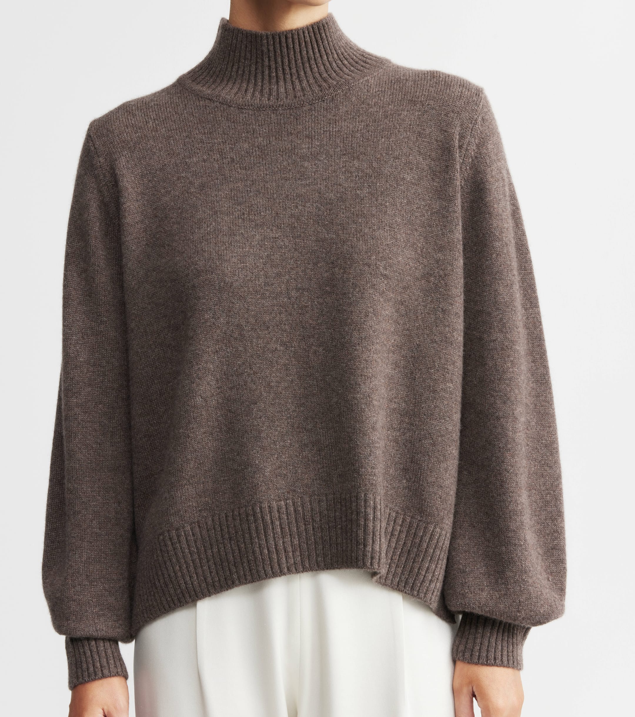 Cashmere Mock Neck with Balloon Sleeve - Brown Melange