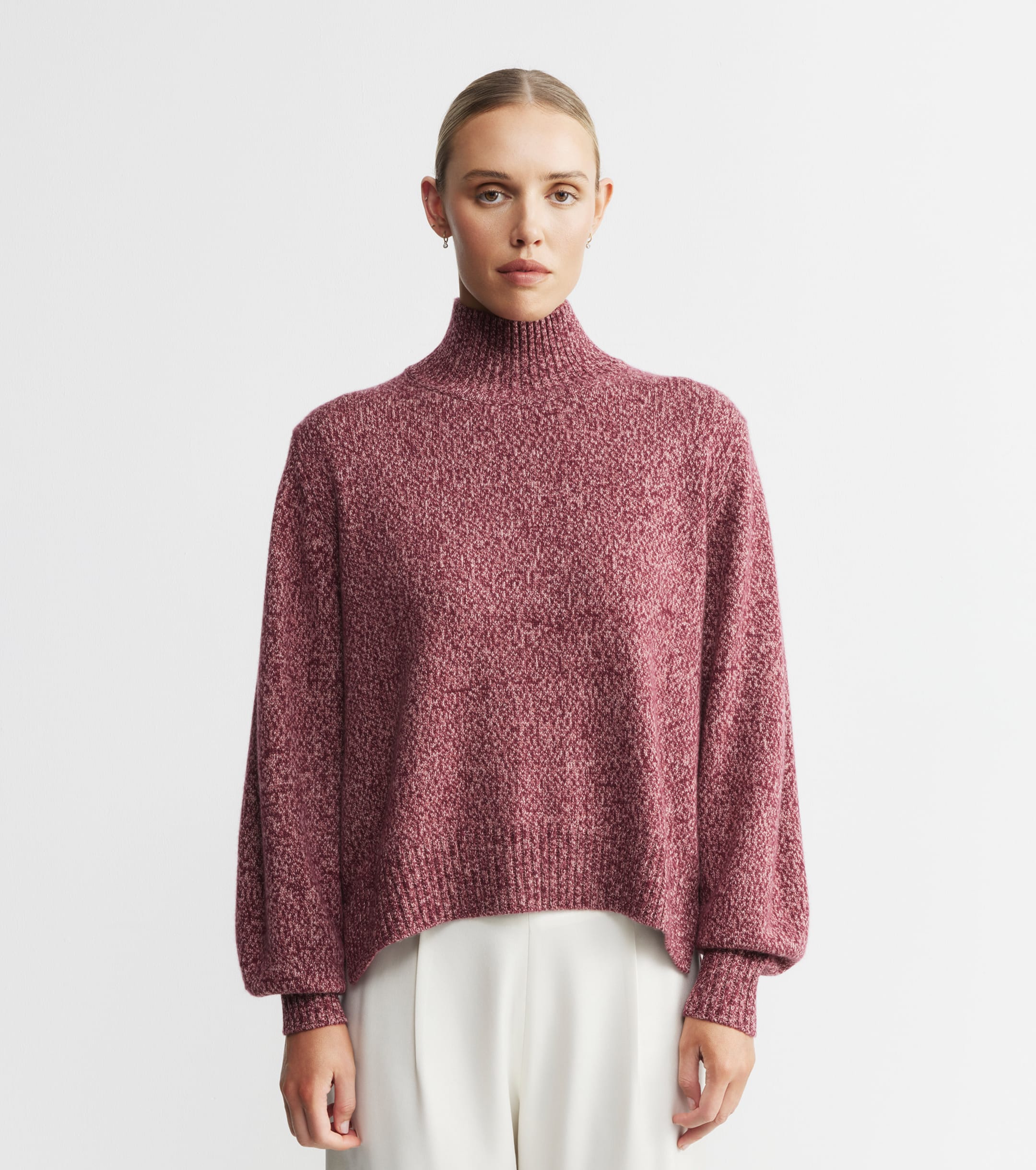 Cashmere Mock Neck with Balloon Sleeve - Burgundy/Pink
