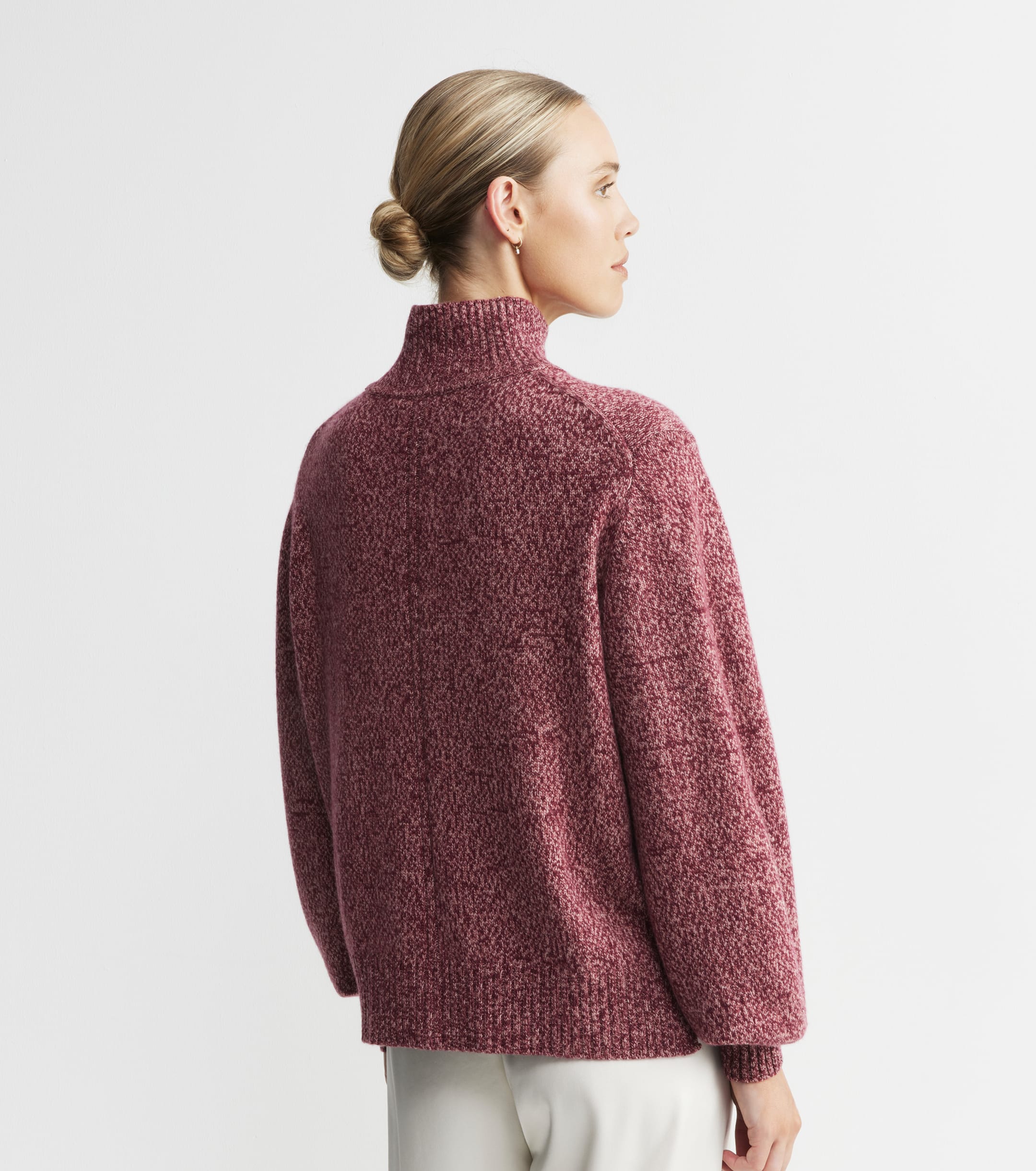 Cashmere Mock Neck with Balloon Sleeve - Burgundy/Pink