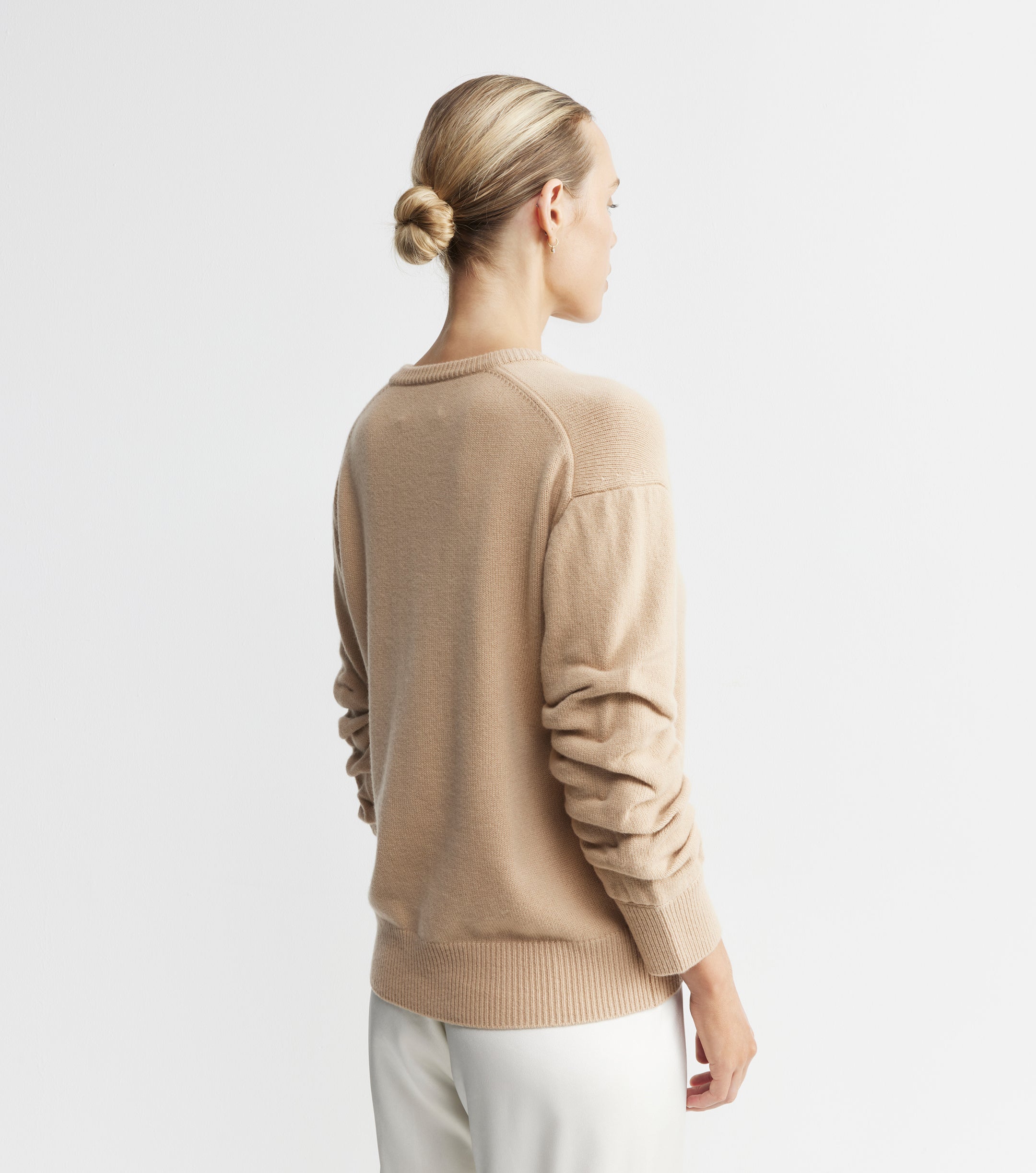 Cashmere V Neck with Ruched Sleeve - Camel