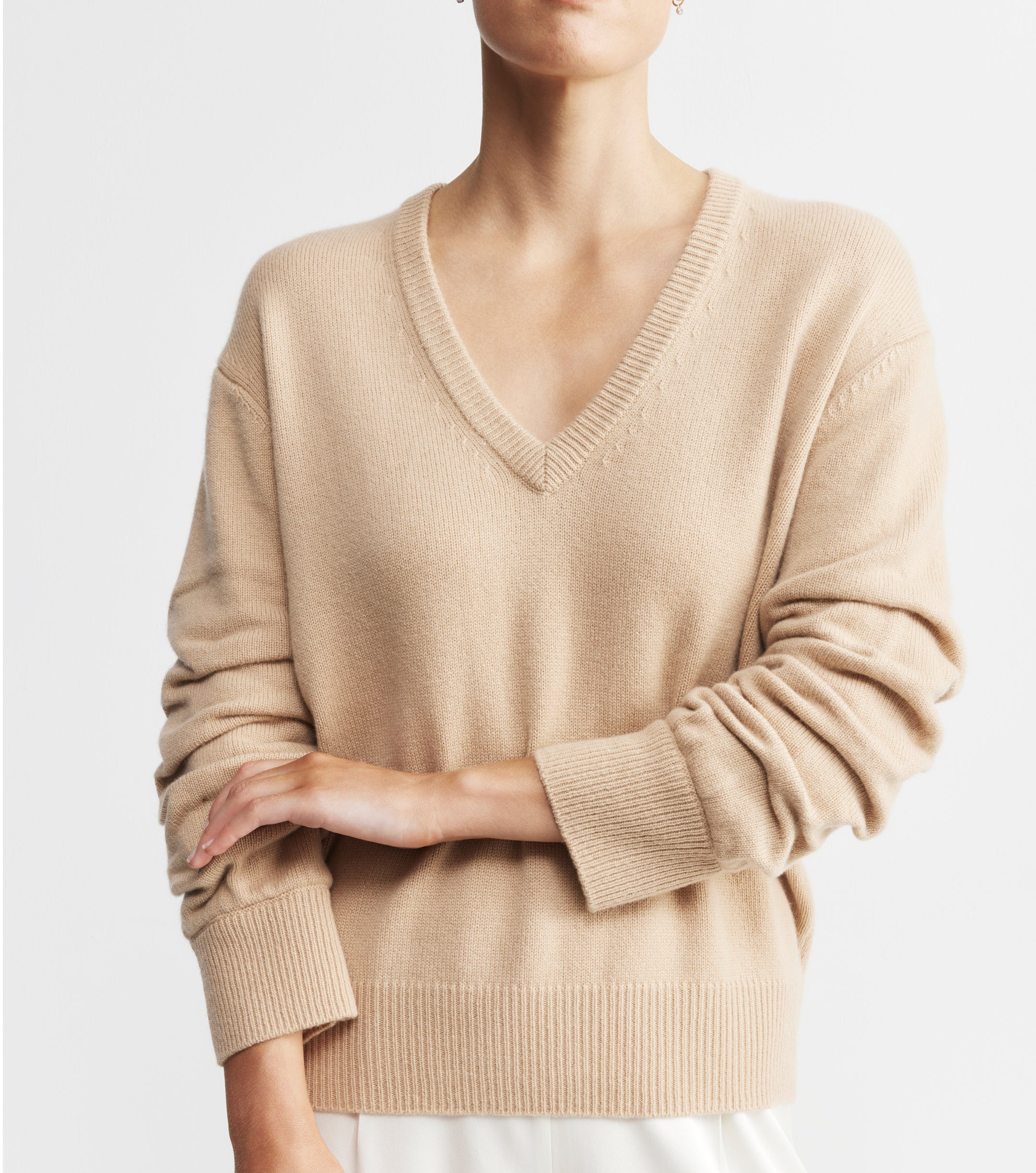 Cashmere V Neck with Ruched Sleeve - Camel