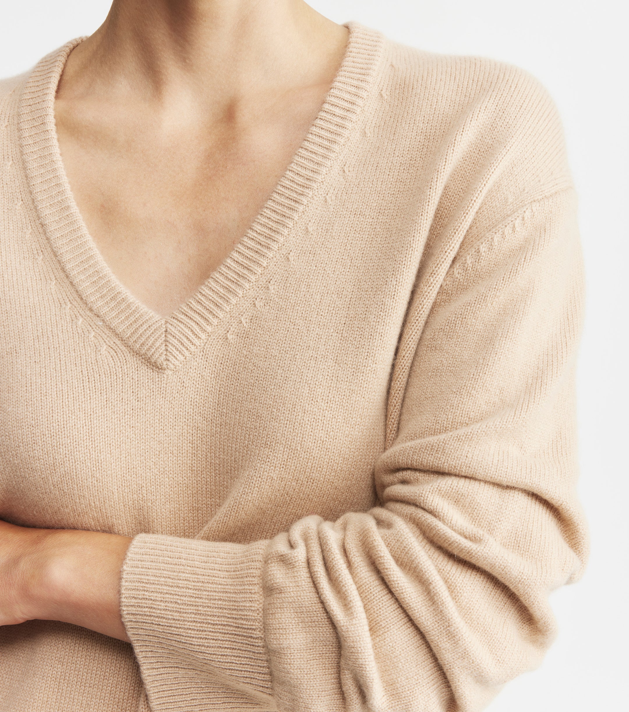 Cashmere V Neck with Ruched Sleeve - Camel