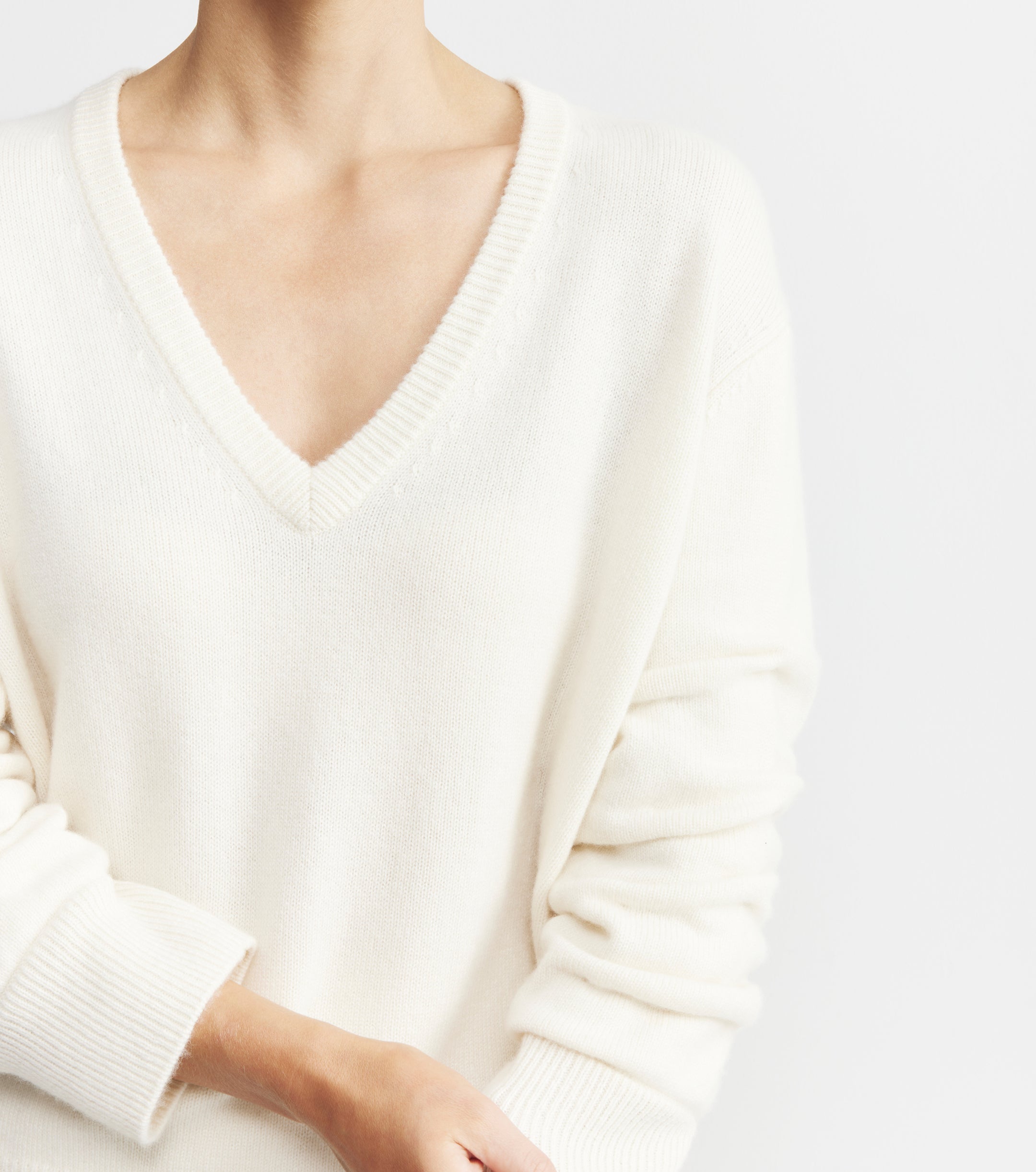Cashmere V Neck with Ruched Sleeve - Cream
