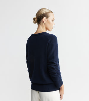 Cashmere V Neck with Ruched Sleeve - Navy