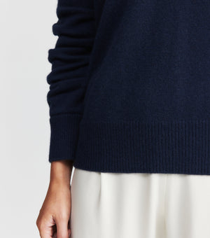 Cashmere V Neck with Ruched Sleeve - Navy