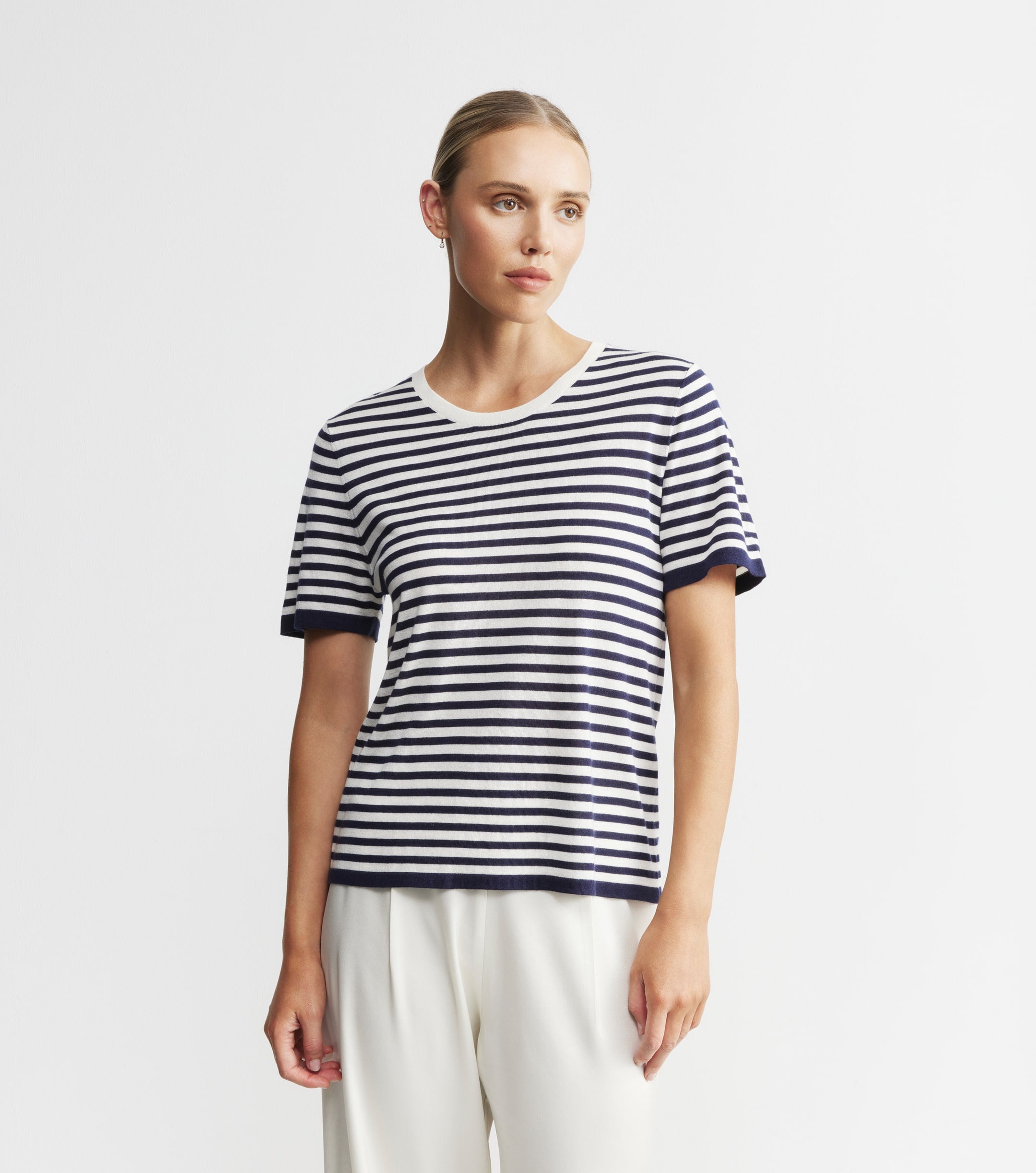 Silk Cashmere Short Sleeve Stripe Tee - Navy/White