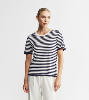 Silk Cashmere Short Sleeve Stripe Tee - Navy/White