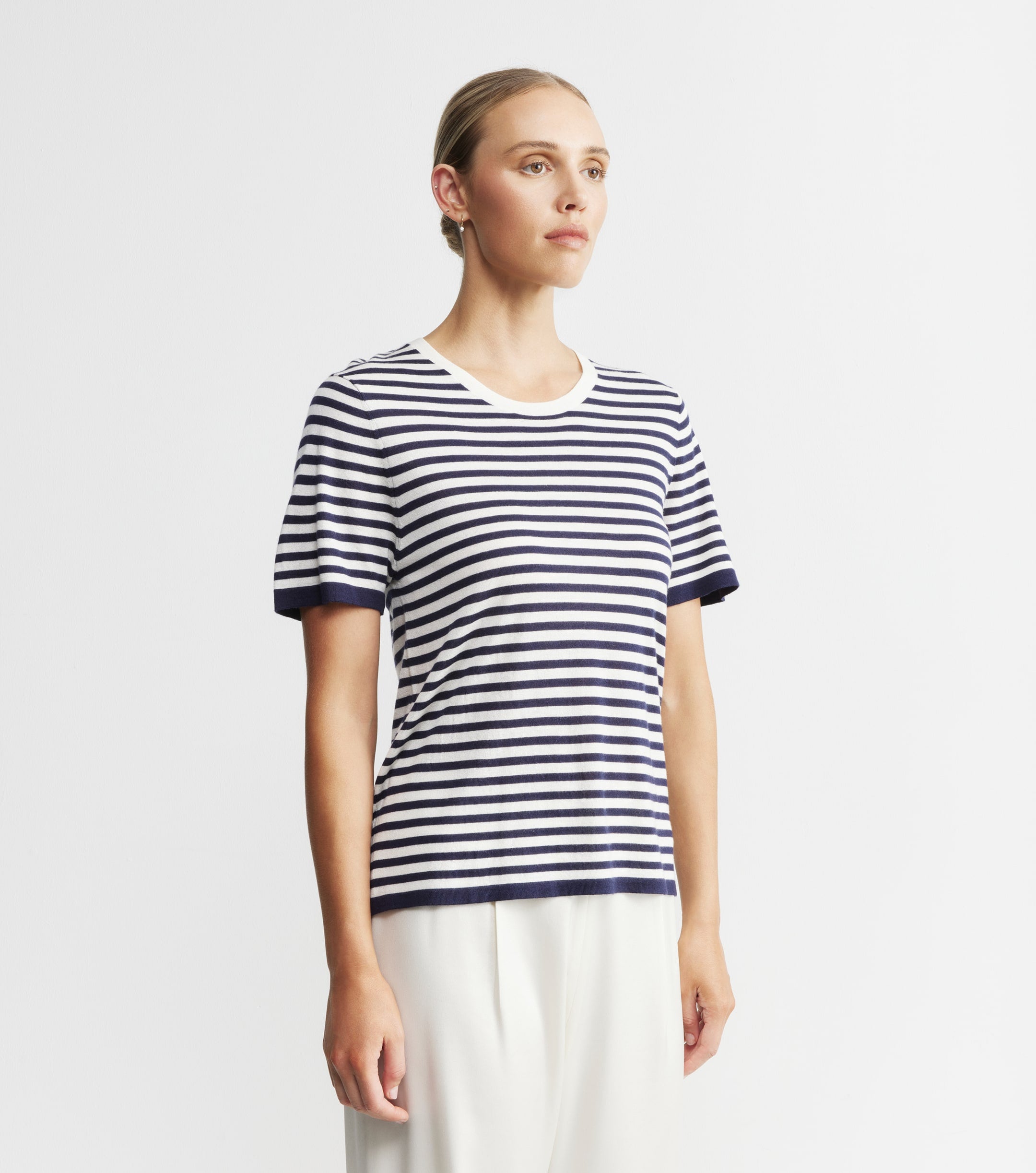 Silk Cashmere Short Sleeve Stripe Tee - Navy/White