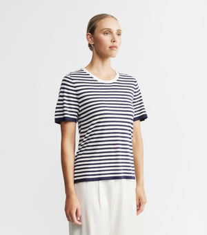 Silk Cashmere Short Sleeve Stripe Tee - Navy/White