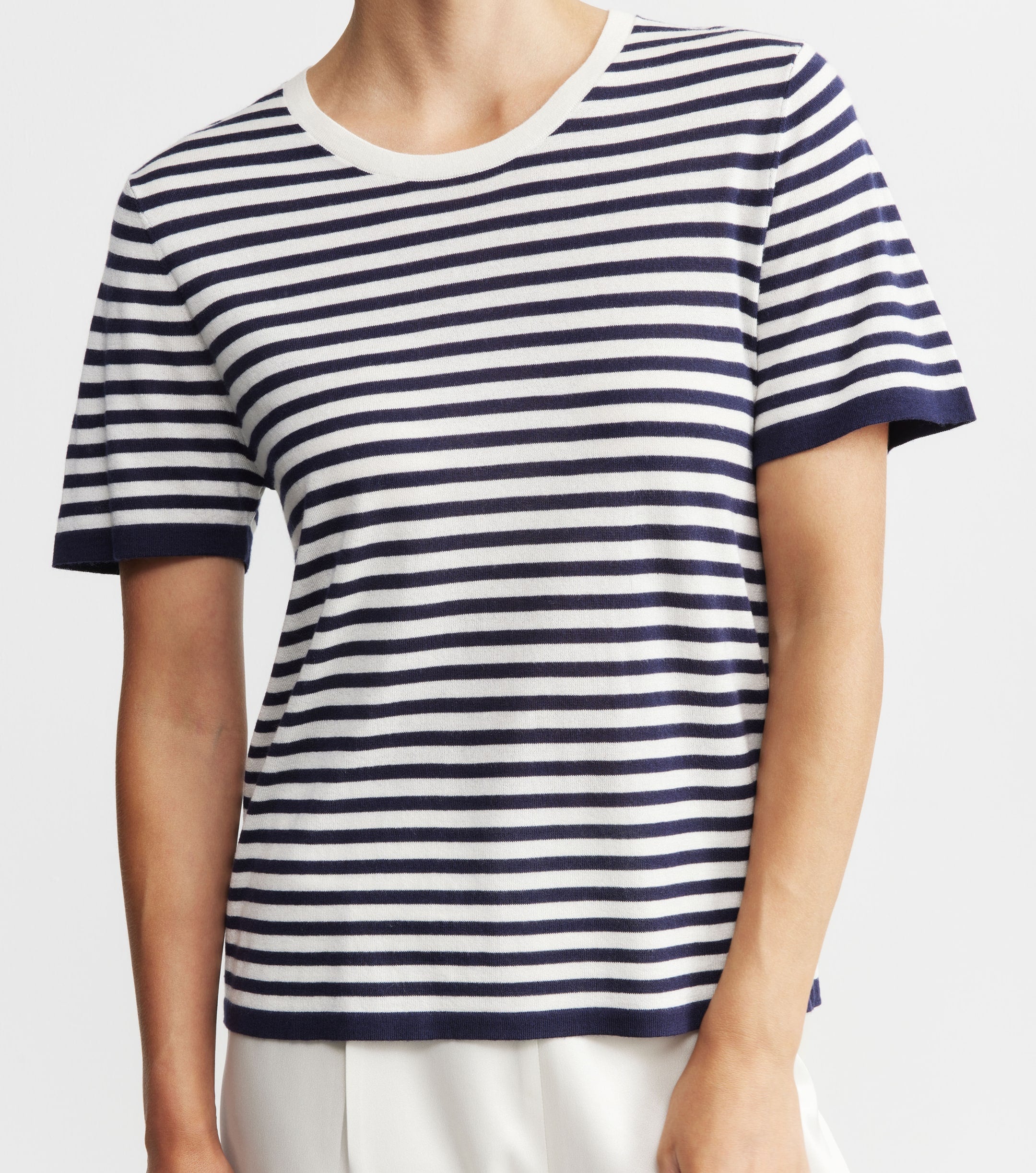 Silk Cashmere Short Sleeve Stripe Tee - Navy/White