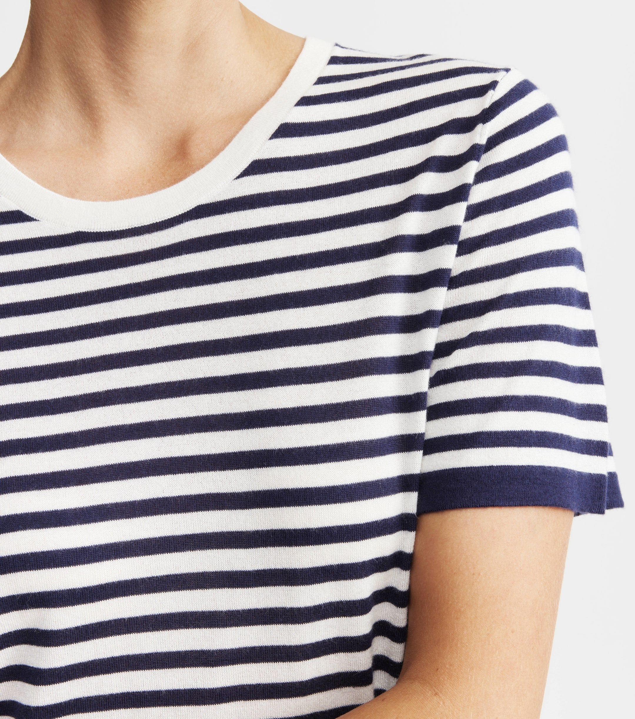 Silk Cashmere Short Sleeve Stripe Tee - Navy/White