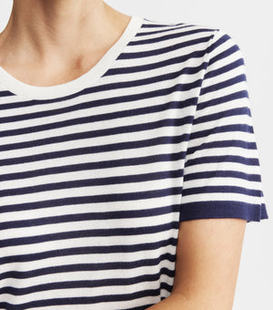 Silk Cashmere Short Sleeve Stripe Tee - Navy/White