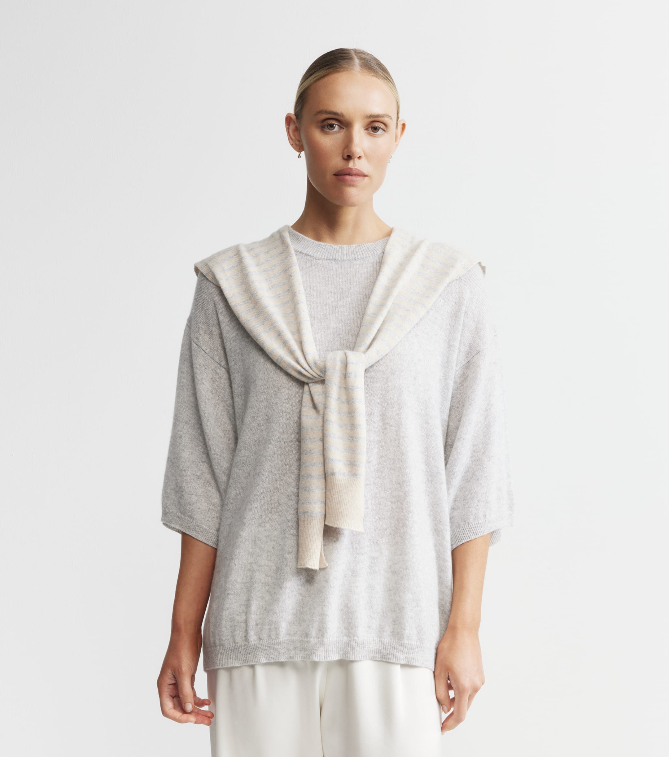 Cashmere Stripe Sweater Scarf - Grey Melange-Sand
