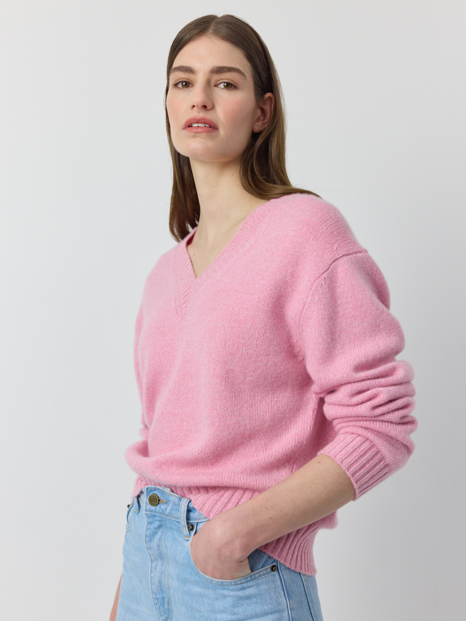 Luxe Cashmere V Neck Sweater - Pink Melange