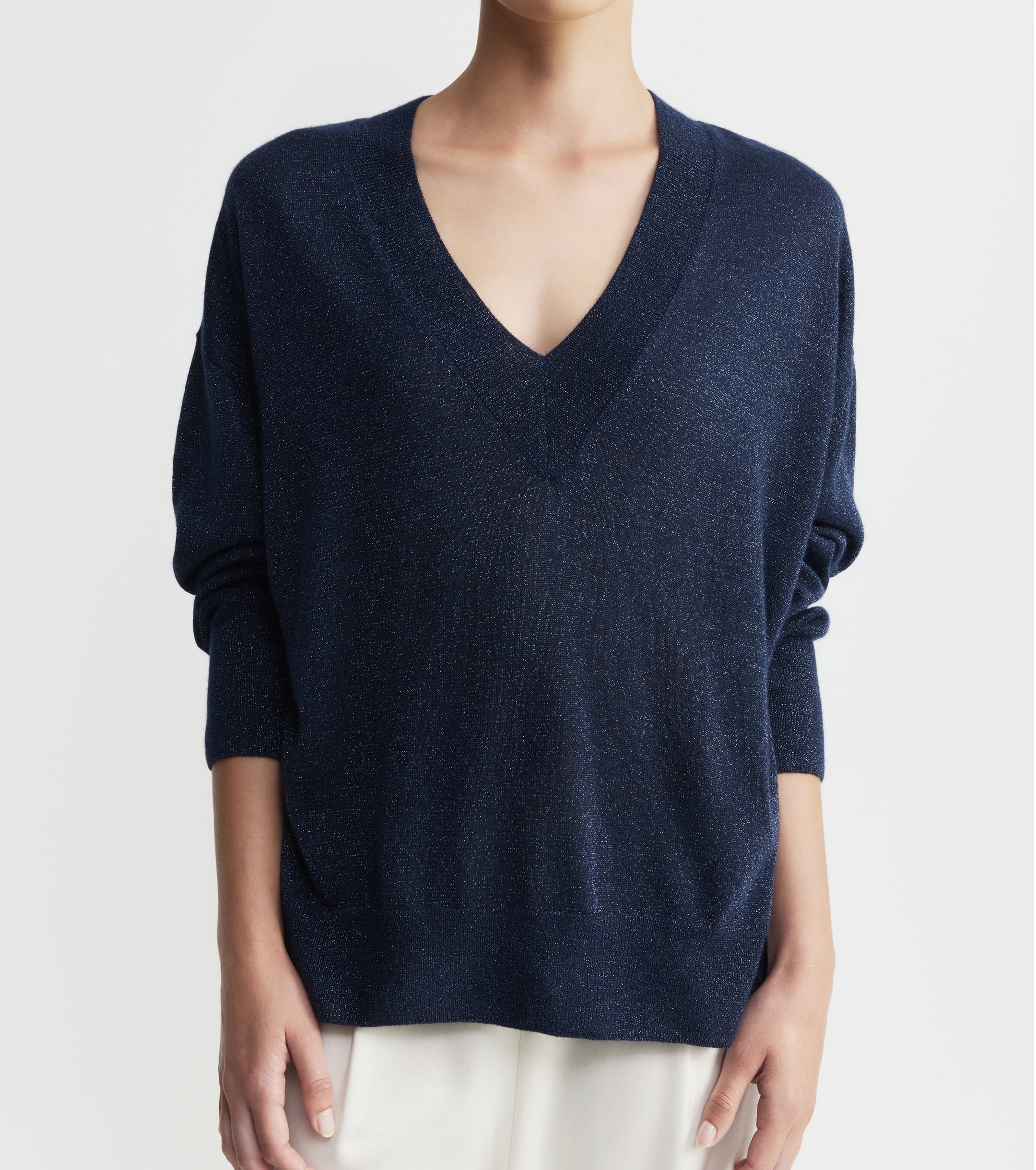 Cashmere Lurex Deep V Sweater - Sapphire