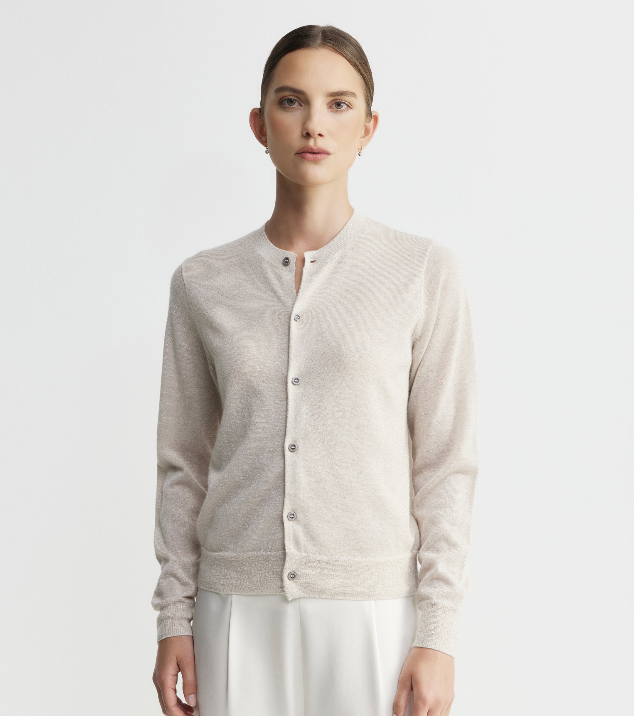 Cashmere Lurex Crew Cardigan - Champagne
