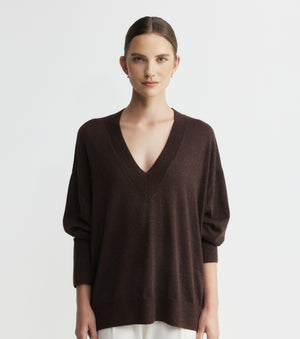 Cashmere Lurex Deep V Sweater - Cognac