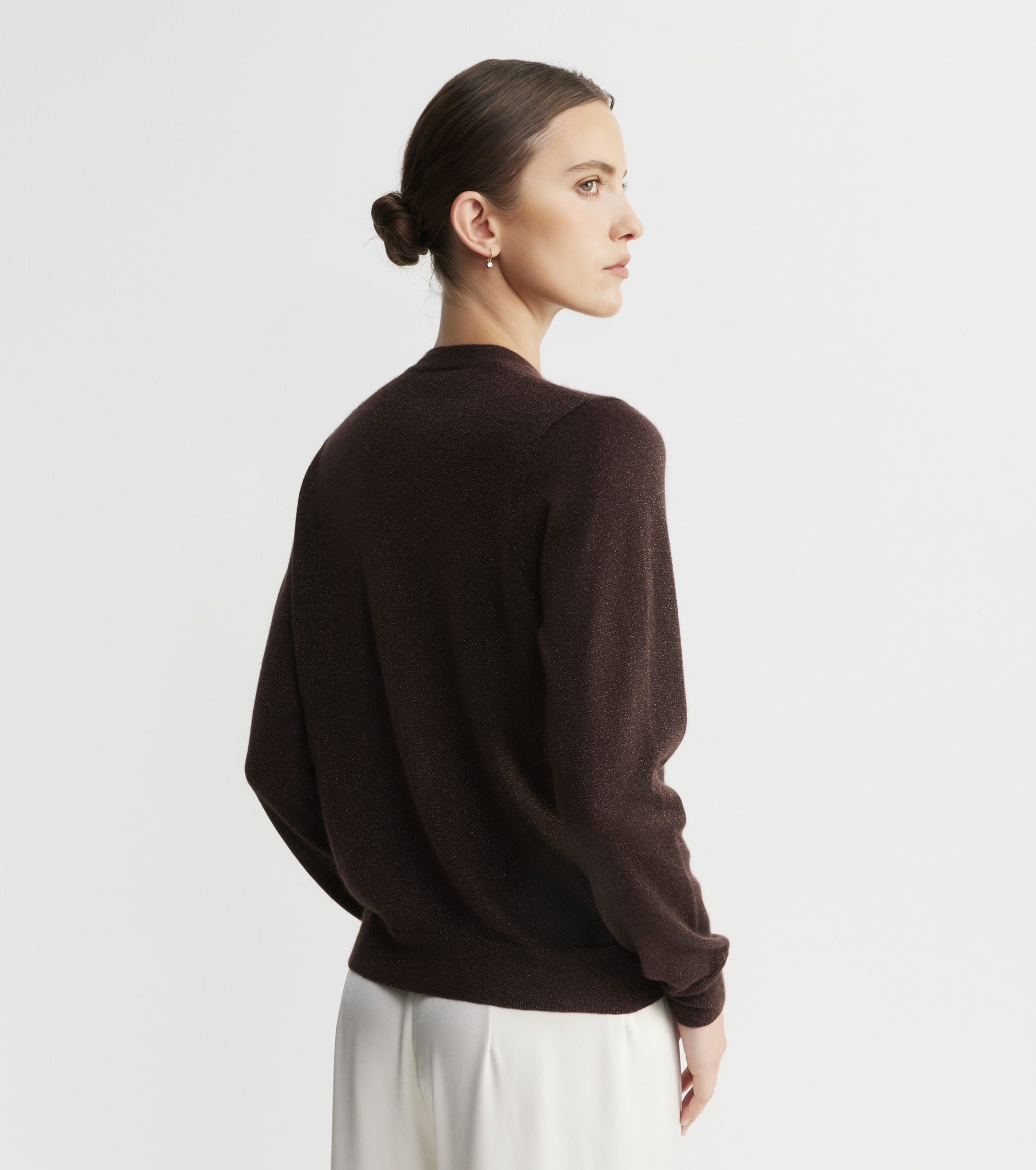 Cashmere Lurex Crew Cardigan - Cognac