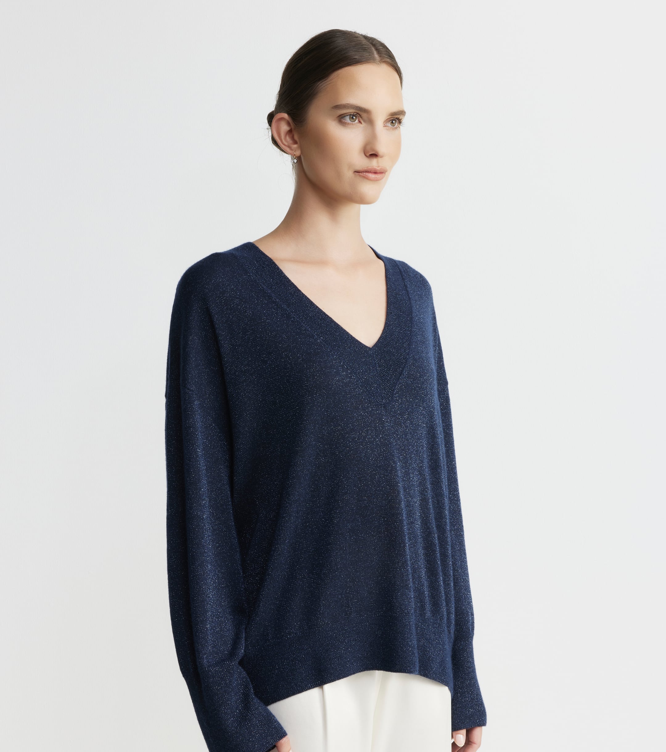 Cashmere Lurex Deep V Sweater - Sapphire