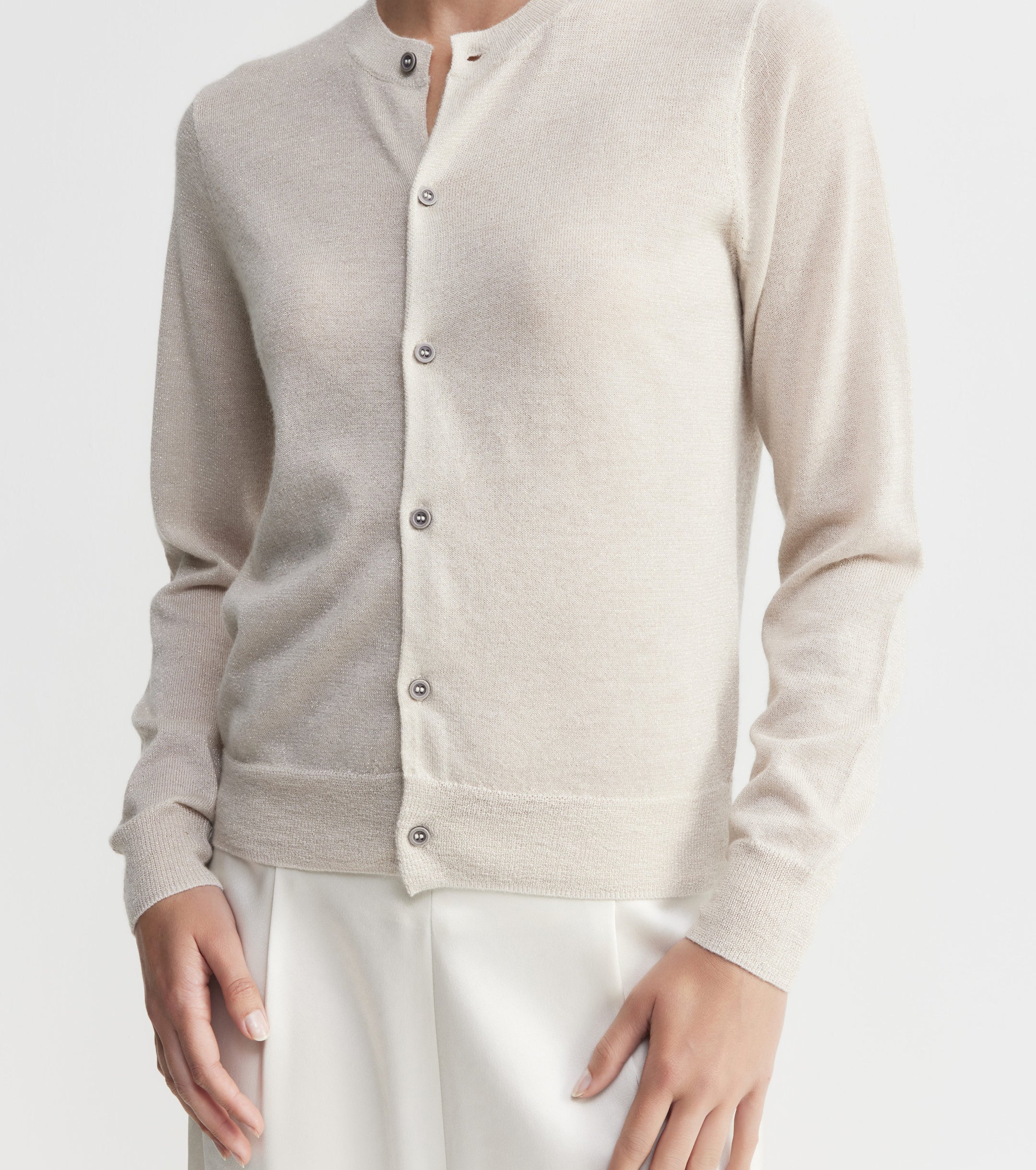 Cashmere Lurex Crew Cardigan - Champagne
