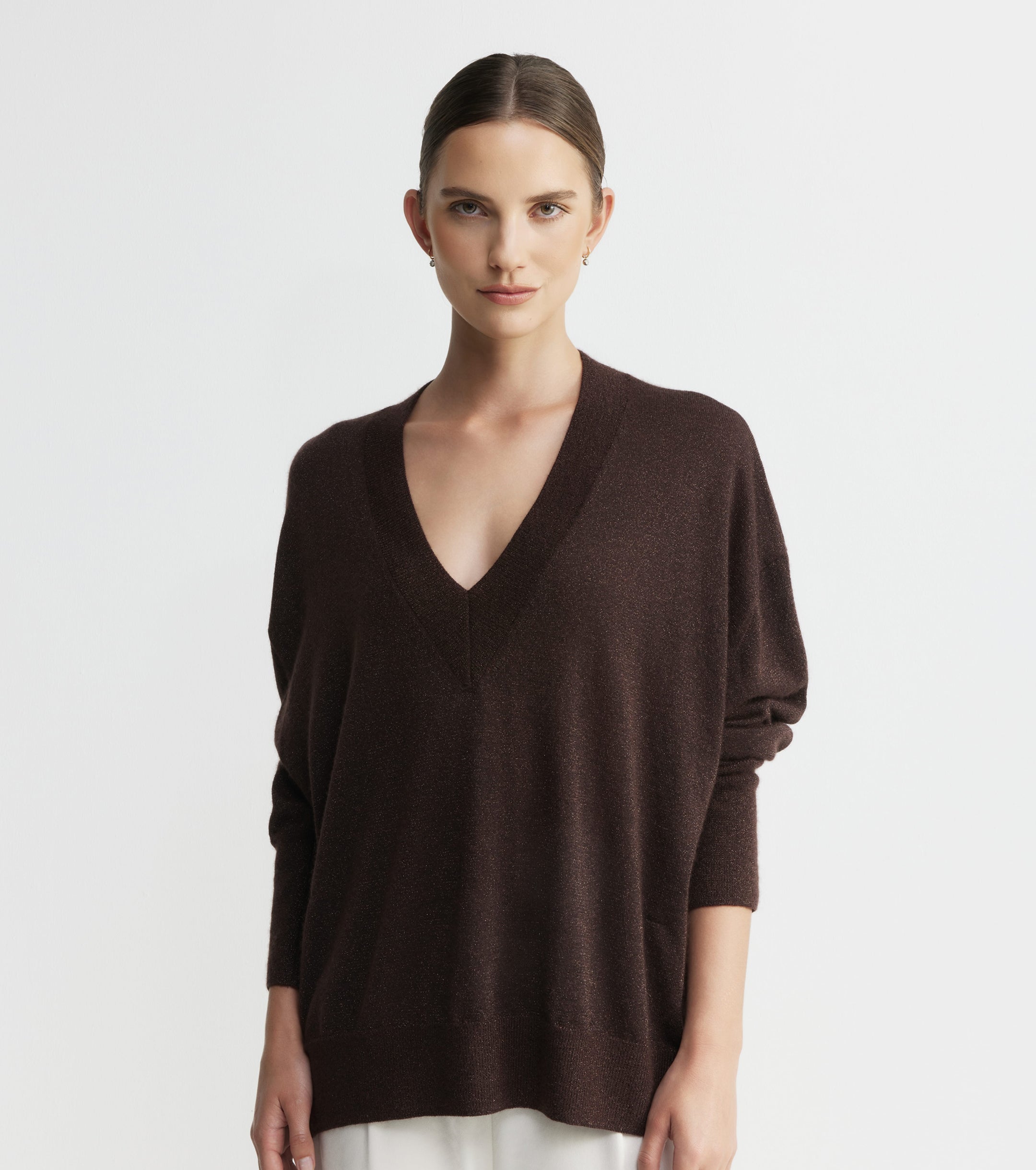 Cashmere Lurex Deep V Sweater - Cognac