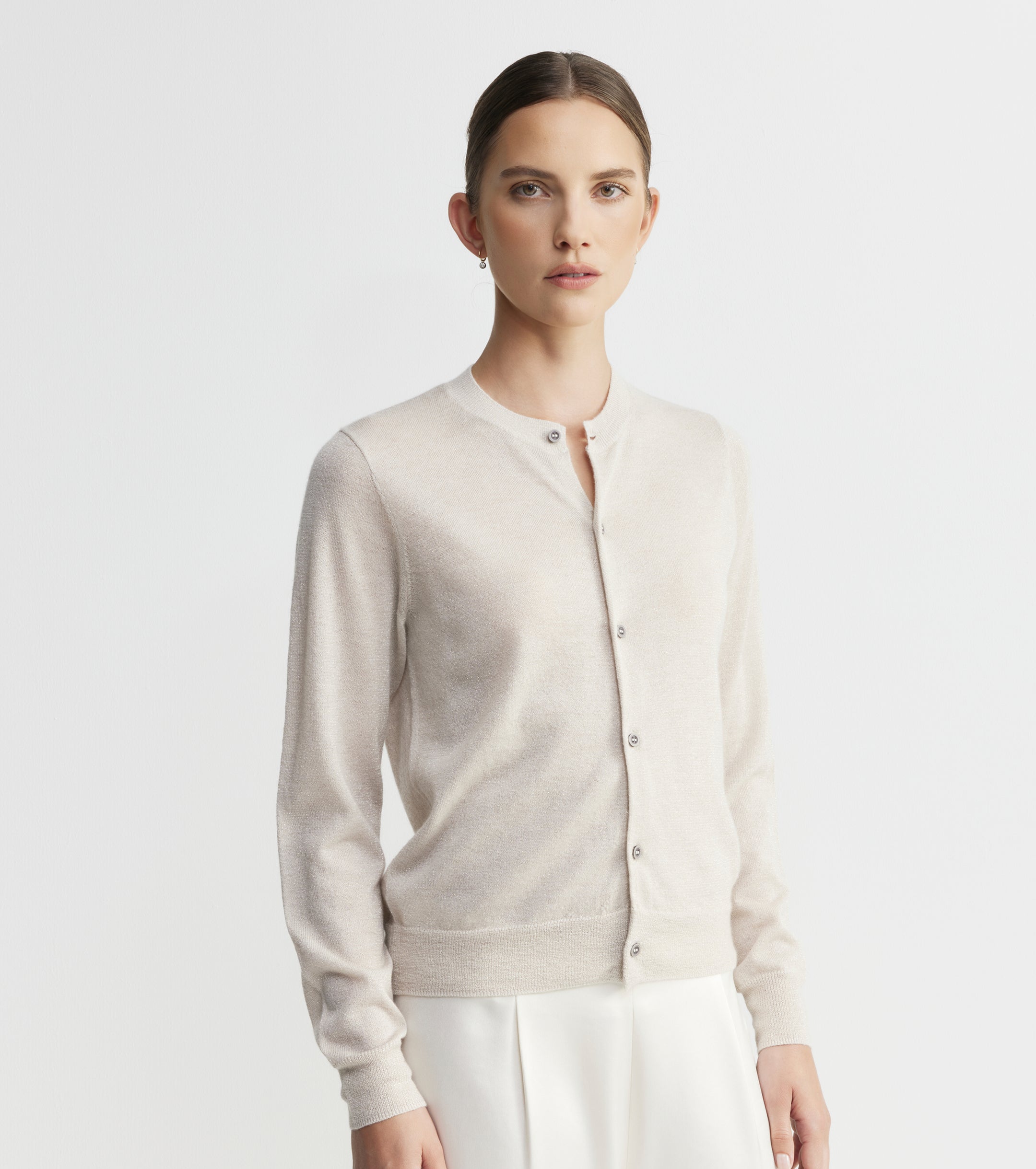 Cashmere Lurex Crew Cardigan - Champagne