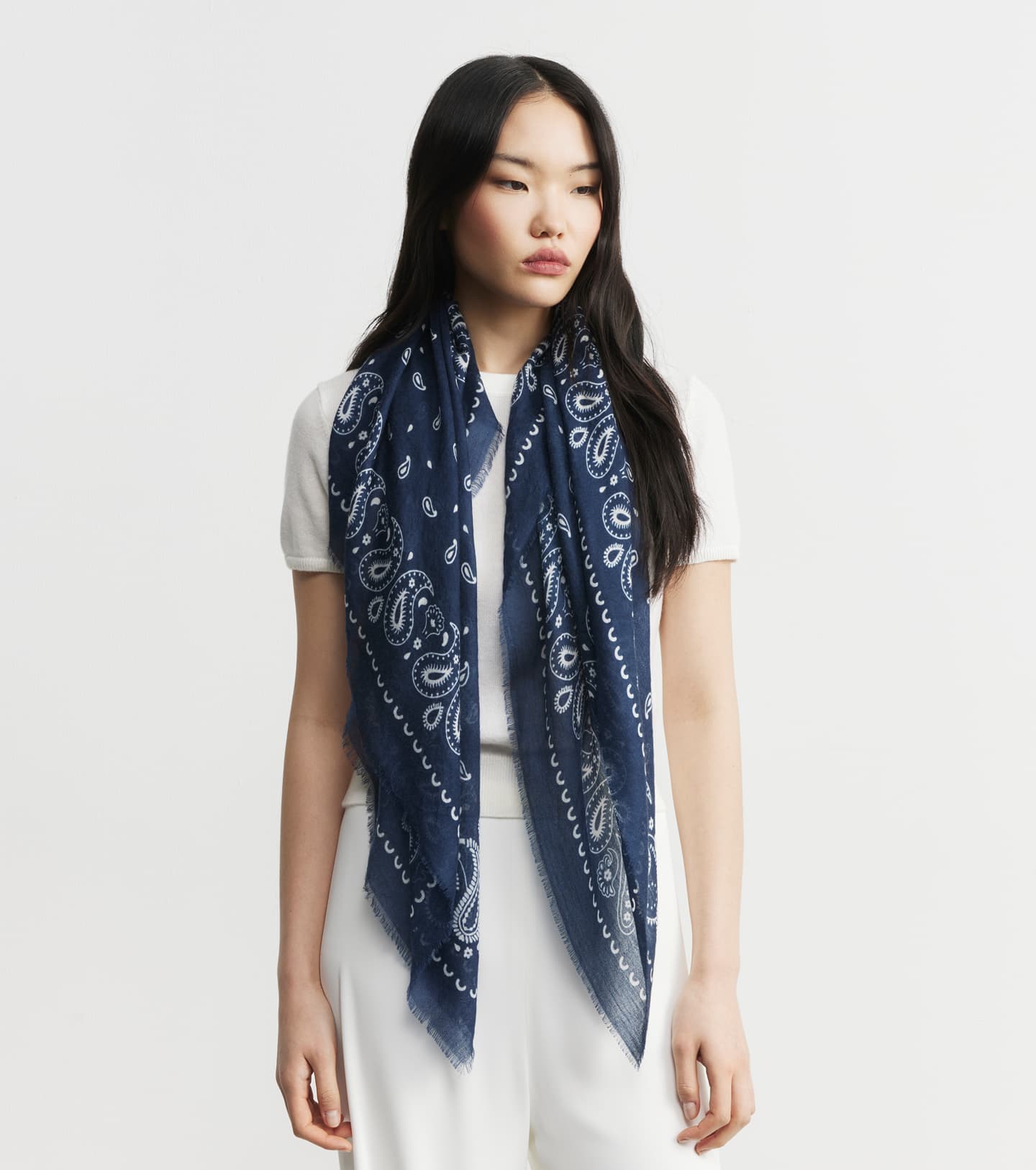 Cashmere Bandana Scarf - Navy/White