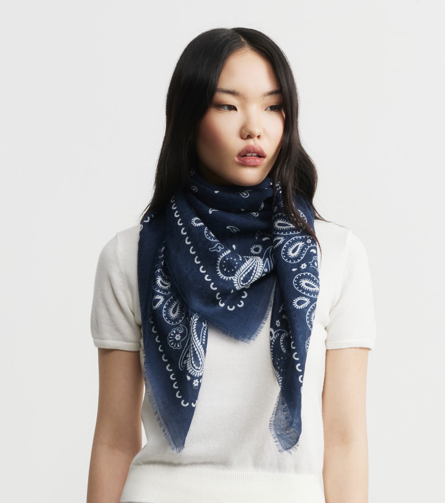Cashmere Bandana Scarf - Navy/White