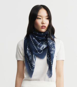 Cashmere Bandana Scarf - Navy/White