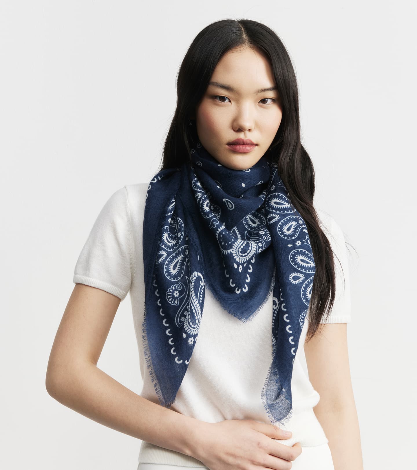 Cashmere Bandana Scarf - Navy/White