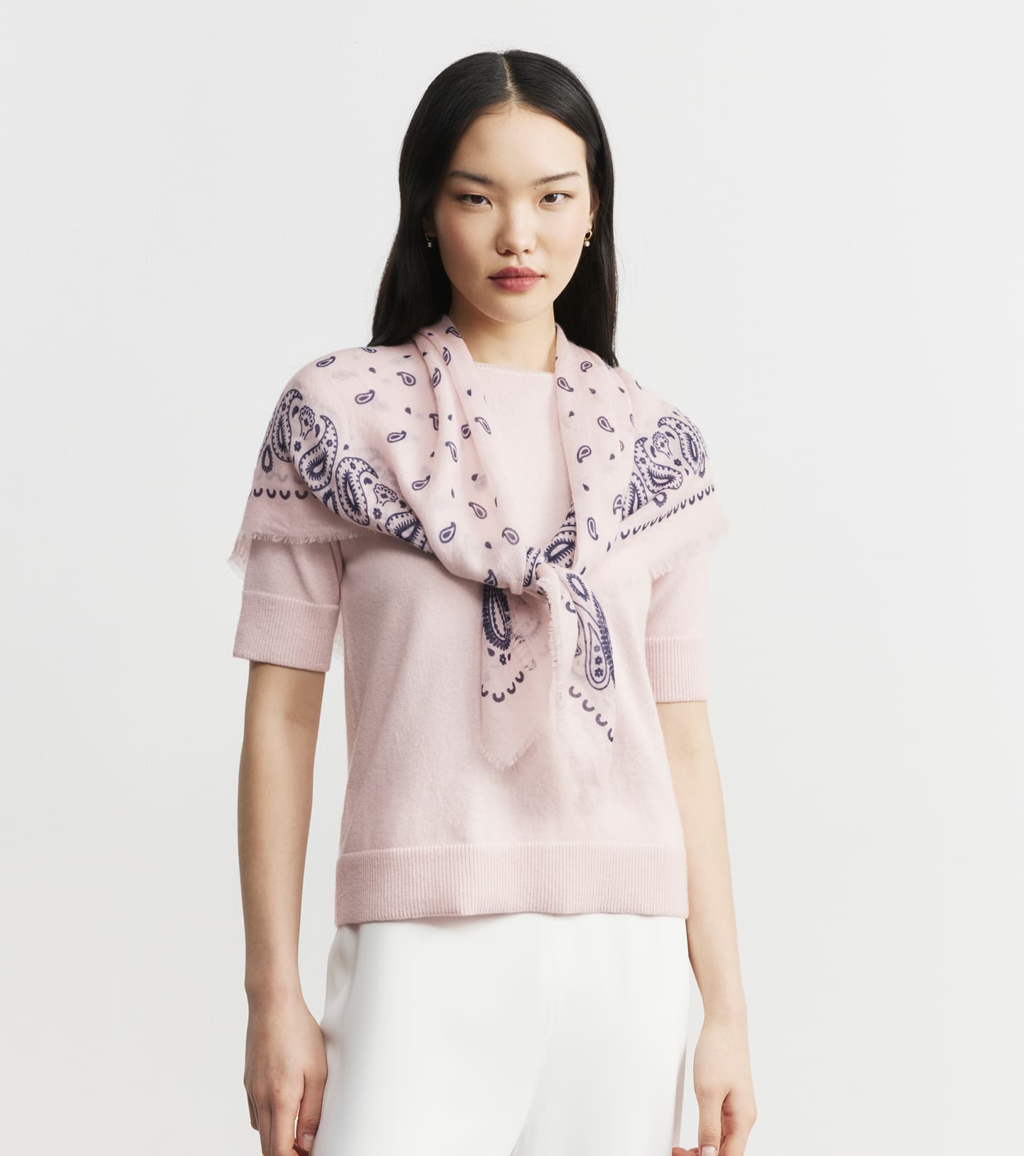 Cashmere Bandana Scarf - Powder Pink/Navy