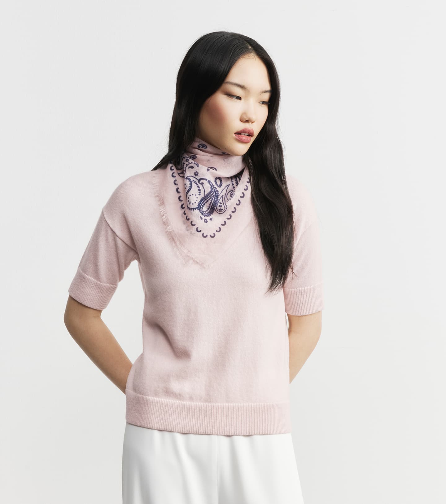 Cashmere Bandana Scarf - Powder Pink/Navy