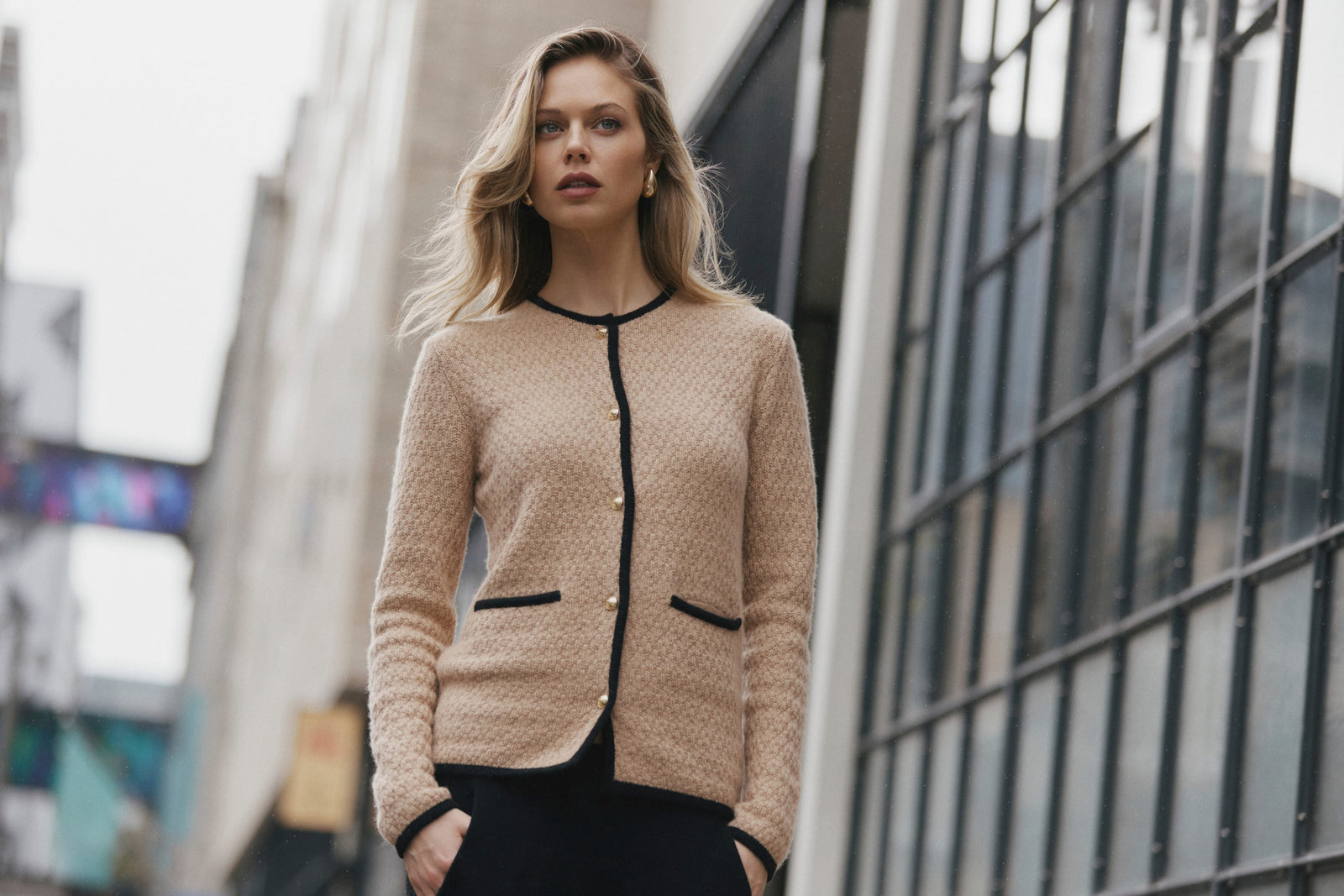 Longline Waffle Jacket - Camel & Black