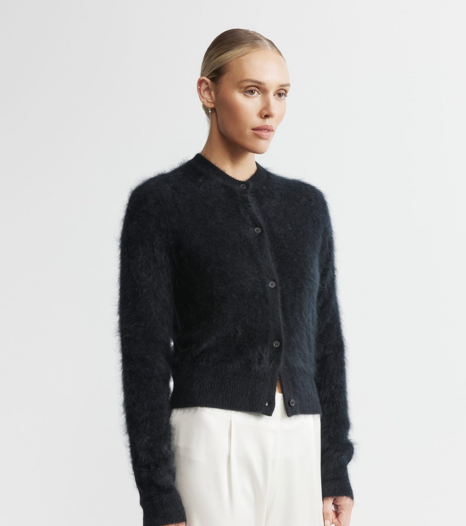 Brushed Cashmere Crew Cardigan - Black