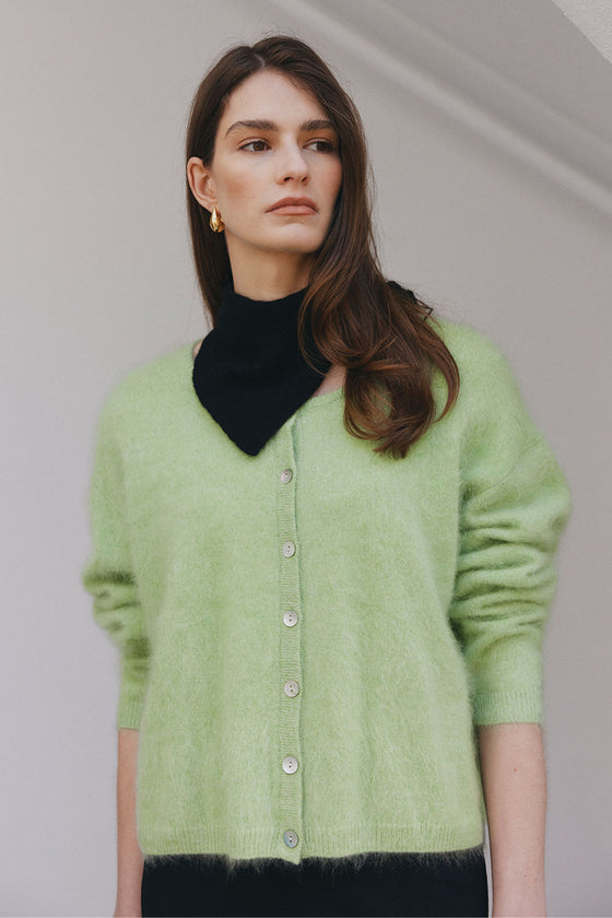 Brushed Cashmere Crew Cardigan - Green Melange