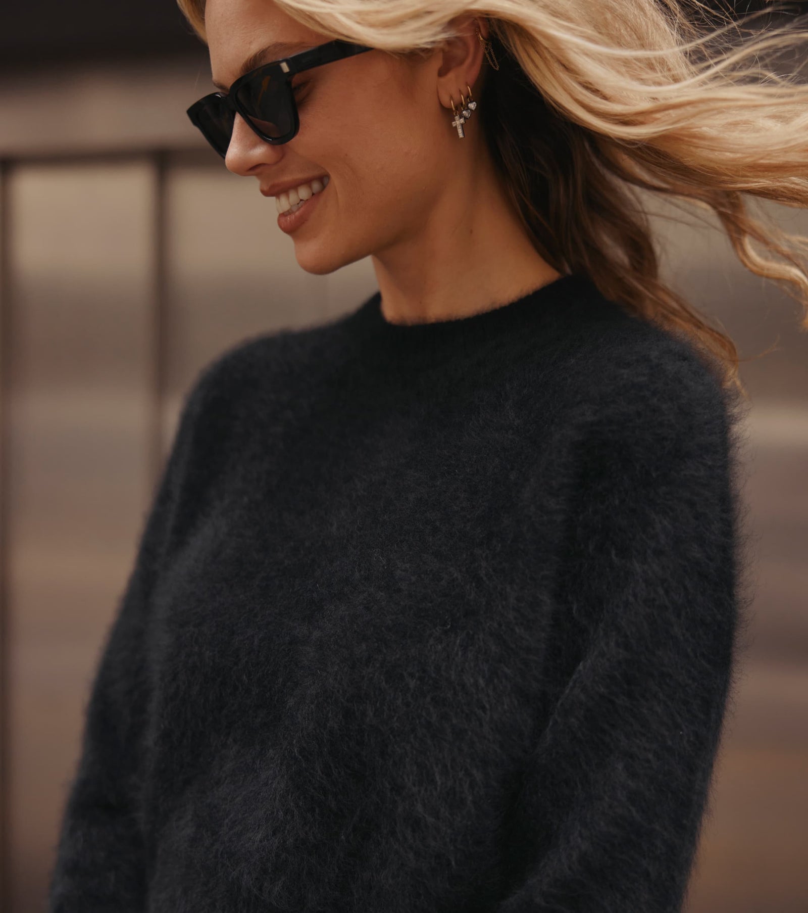 Brushed Cashmere Crew Sweater - Black