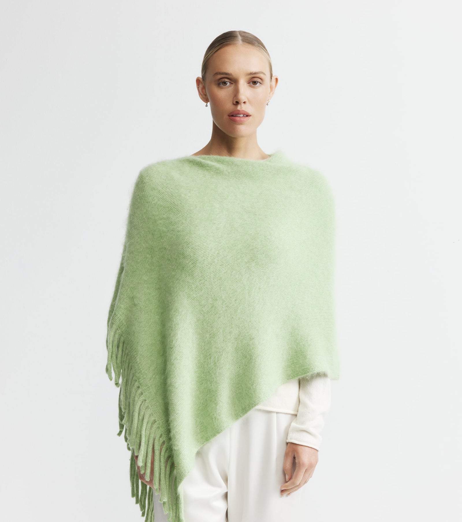 Brushed Cashmere Tassel Poncho - Green Marle