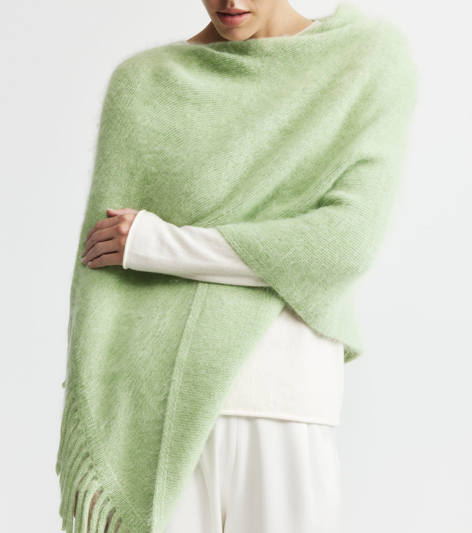 Brushed Cashmere Tassel Poncho - Green Marle