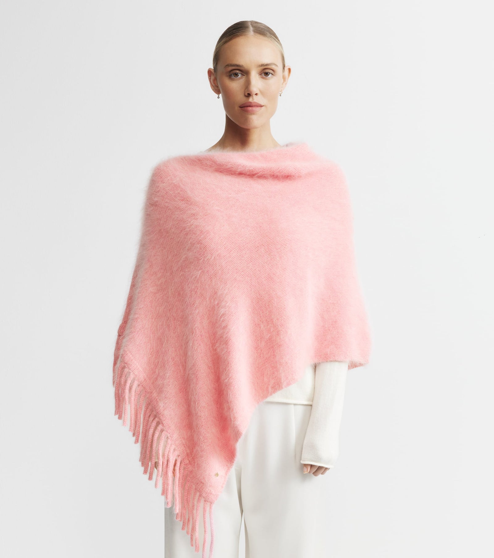 Brushed Cashmere Tassel Poncho - Pink Marle