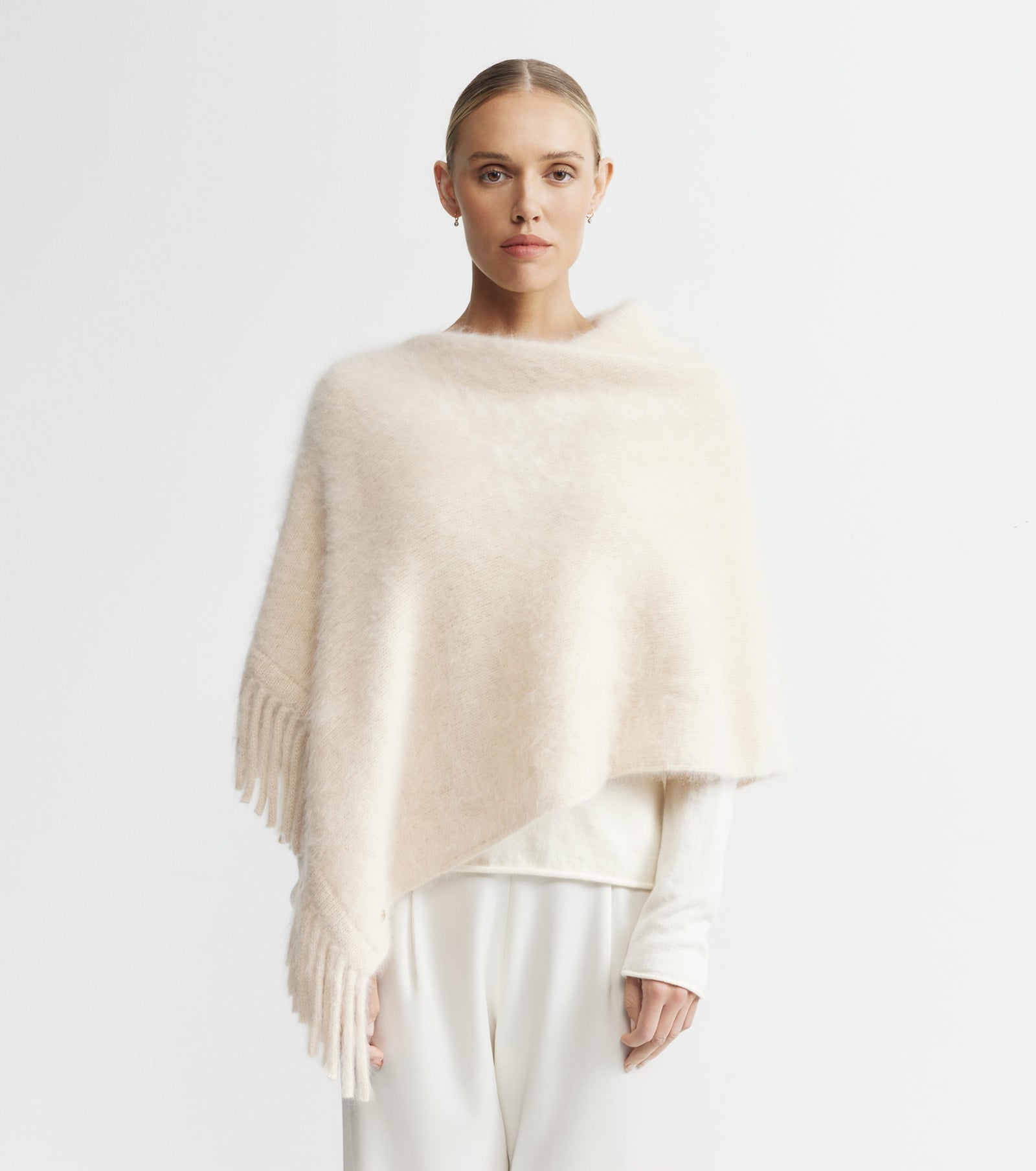 Brushed Cashmere Tassel Poncho - Sand
